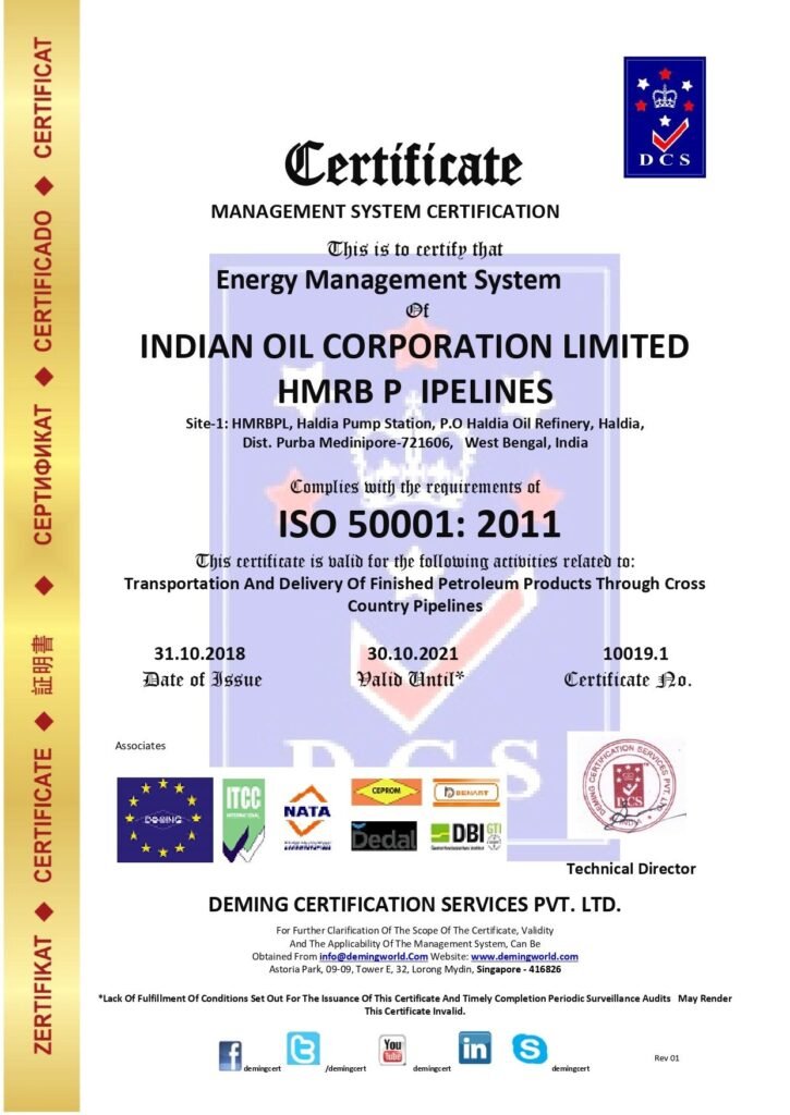 Official ISO 50001:2011 Management System Certificate issued by Deming Certification Services Pvt. Ltd. to Indian Oil Corporation Limited HMRB Pipelines for Energy Management System compliance at the Haldia Pump Station.