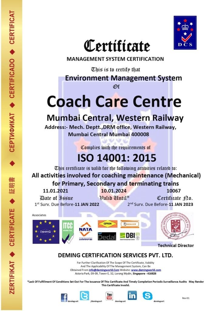 ISO 14001:2015 Environment Management System Certificate issued to Coach Care Centre, Mumbai Central, Western Railway by Deming Certification Services Pvt. Ltd.