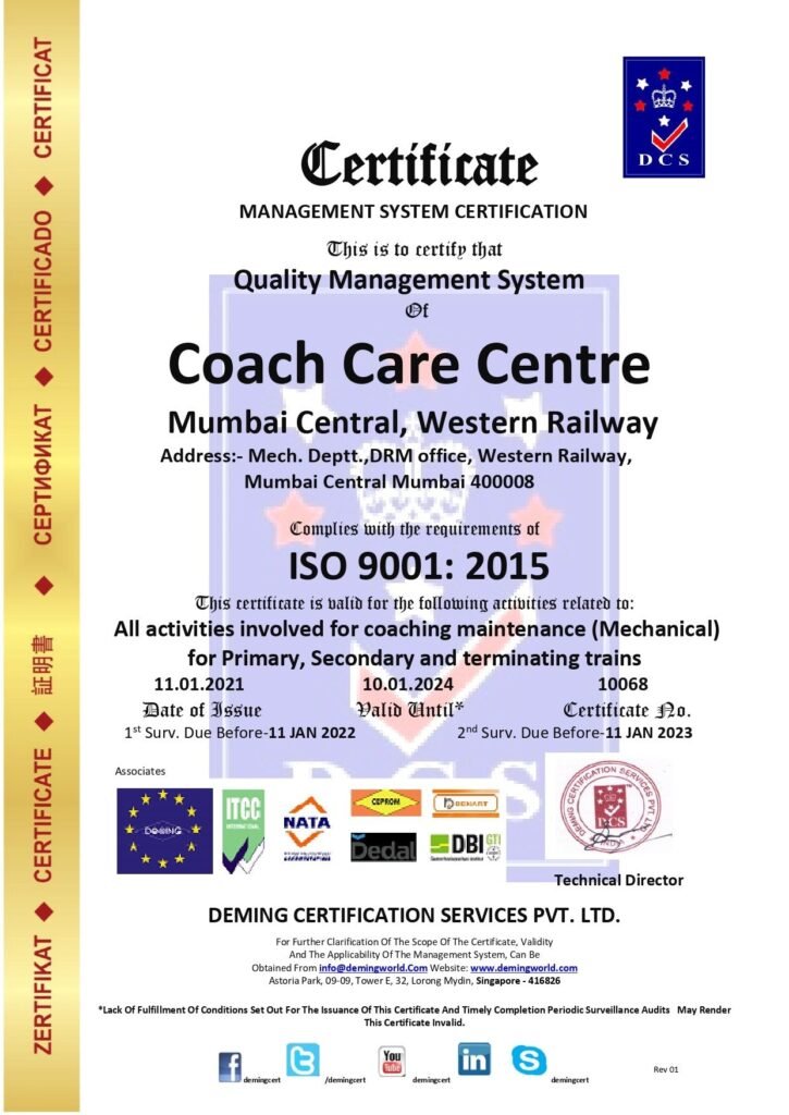 ISO 9001:2015 Quality Management System Certificate issued to Coach Care Centre, Mumbai Central, Western Railway by Deming Certification Services Pvt. Ltd.
