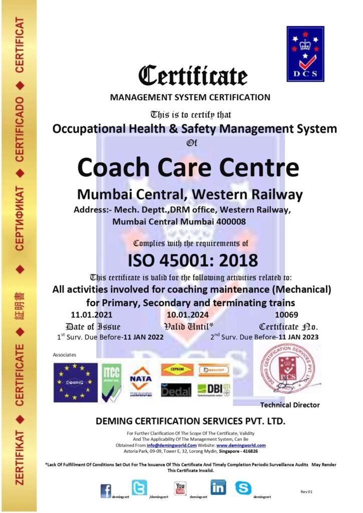 ISO 45001:2018 Occupational Health & Safety Management System Certificate issued to Coach Care Centre, Mumbai Central, Western Railway by Deming Certification Services Pvt. Ltd.
