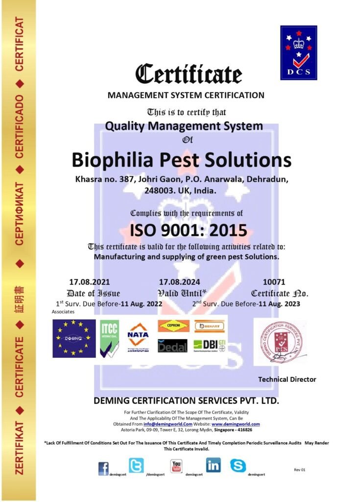 ISO 9001:2015 Quality Management System Certificate issued to Biophilia Pest Solutions, Dehradun by Deming Certification Services Pvt. Ltd.
