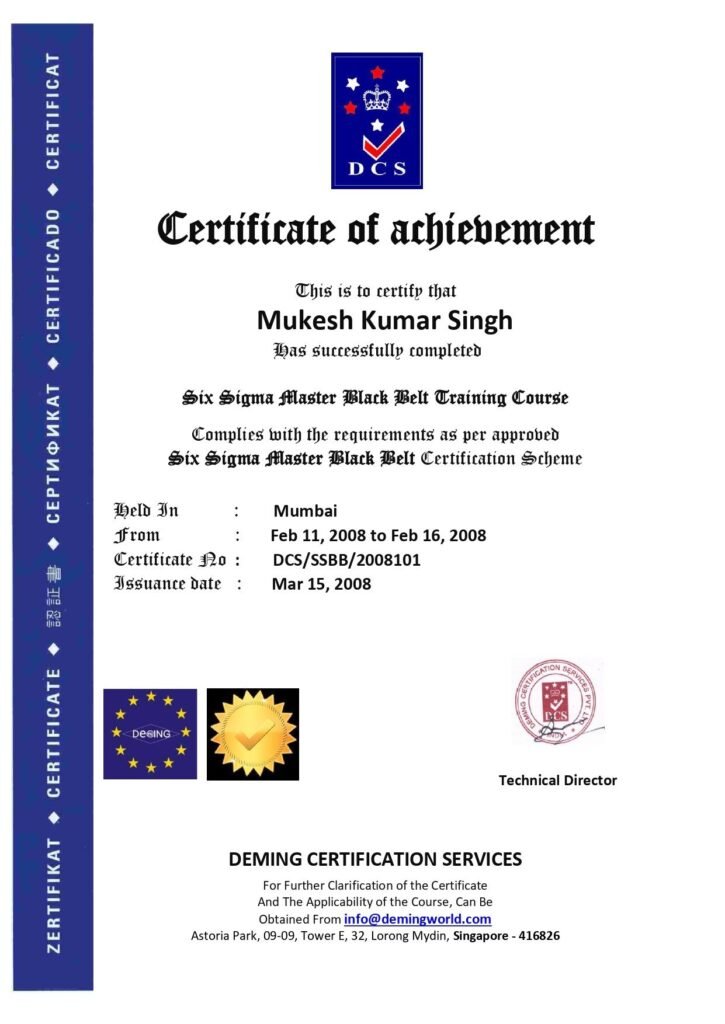 Deming Certification Services Certificate of Achievement issued to Mukesh Kumar Singh for successfully completing the Six Sigma Master Black Belt Training Course.