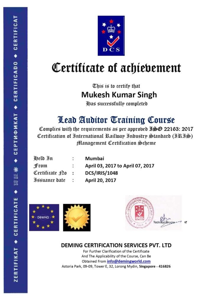 Deming Certification Services Certificate of Achievement issued to Mukesh Kumar Singh for successfully completing the ISO 22163:2017 Lead Auditor Training Course.