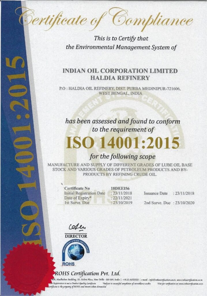 Official ISO 14001:2015 Certificate of Compliance issued by ROHS Certification Pvt. Ltd. to Indian Oil Corporation Limited Haldia Refinery for Environmental Management System compliance.