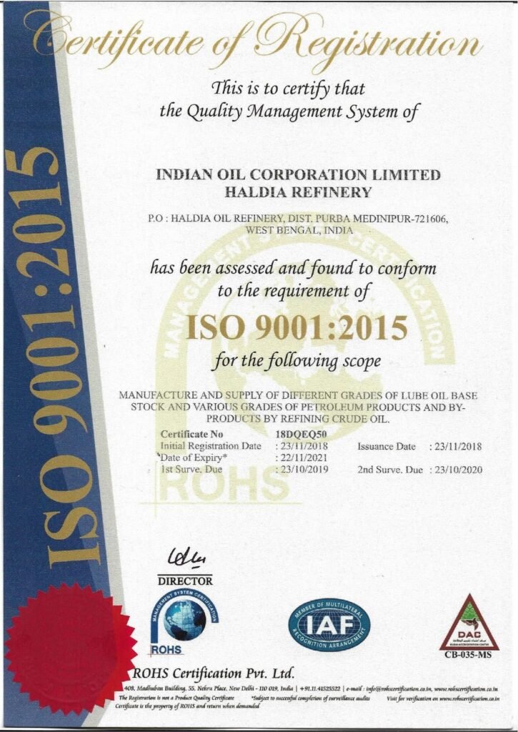 Official ISO 9001:2015 Certificate of Registration issued by ROHS Certification Pvt. Ltd. to Indian Oil Corporation Limited Haldia Refinery for Quality Management System compliance.