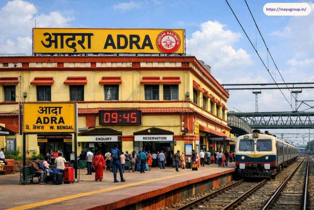 Exterior view of Adra Railway Station platform in West Bengal, showing passengers, enquiry and reservation counters, station nameboards in Hindi, English, and Bengali, a digital clock reading 09:45, and a passenger train arriving.