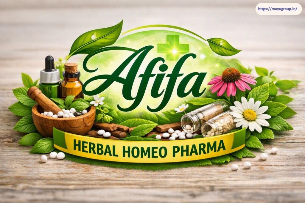 Afifa Herbal Homeo Pharma branding graphic featuring green script lettering, a yellow banner, a wooden mortar with homeopathic pills, dropper bottles, flowers, and fresh leaves.