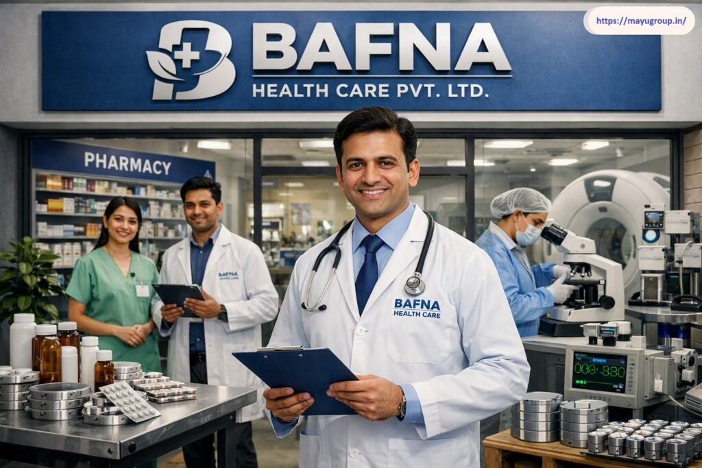 Healthcare facility interior of Bafna Health Care Pvt. Ltd. showing a smiling male doctor in a lab coat holding a clipboard, flanked by pharmacy staff, pharmaceutical packaging, and a medical laboratory technician with equipment.