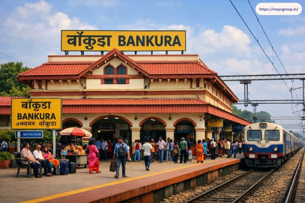 Platform view of Bankura Railway Station featuring a traditional red-tiled roof building, multilingual yellow signage, seated and walking passengers, and a blue and white train stationed alongside the tracks.