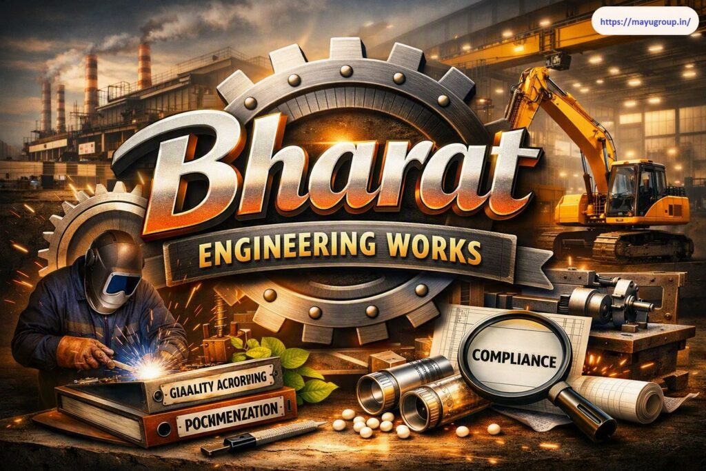 Industrial branding graphic for Bharat Engineering Works featuring large metallic text set against a giant gear, a welder in action, an excavator, industrial factory chimneys, and a compliance magnifying glass.