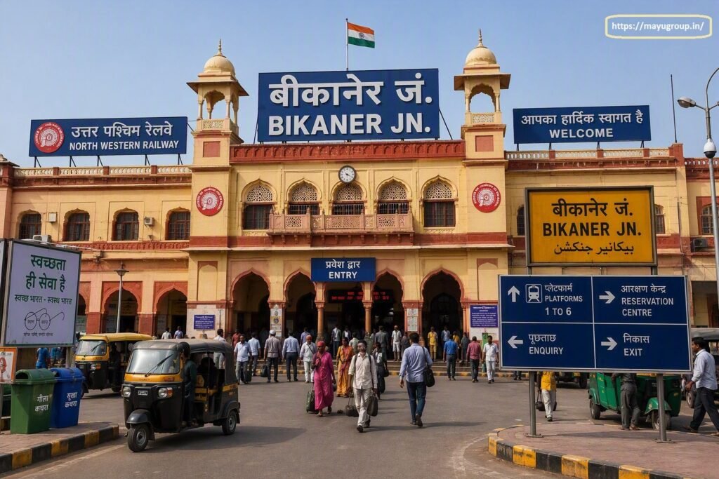 Exterior entrance view of Bikaner Junction Railway Station building displaying Rajasthani heritage architecture with chhatris, blue header signage, a yellow station board, directional signs, auto-rickshaws, and commuters.