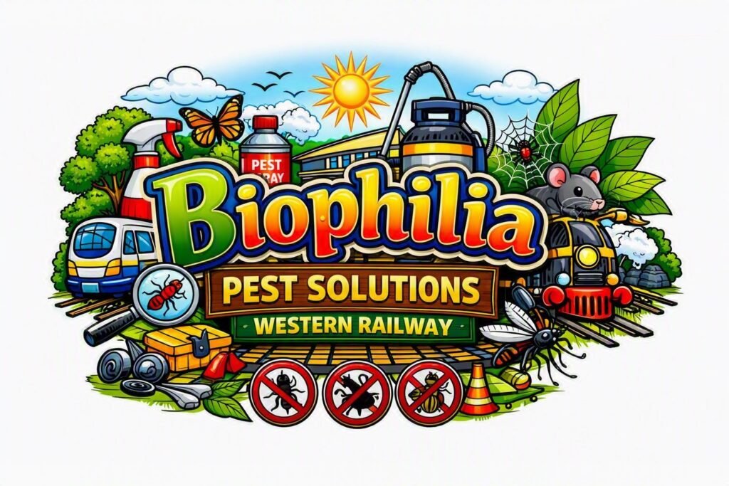 Biophilia Pest Solutions Colorful cartoon graphic reading "Biophilia Pest Solutions Western Railway" surrounded by pest control equipment, common pests, prohibition icons, and trains.