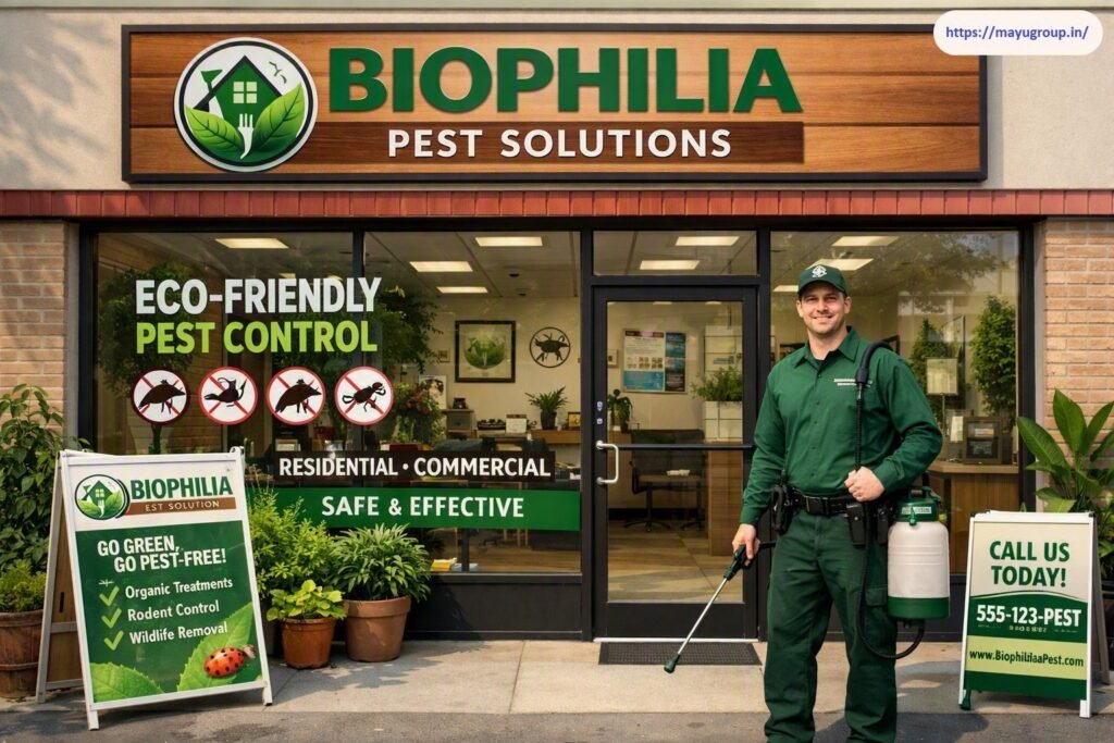 Storefront exterior of Biophilia Pest Solutions showing wood-panel signage, eco-friendly pest control window graphics, A-frame promotional boards, and a technician standing in uniform holding application equipment.