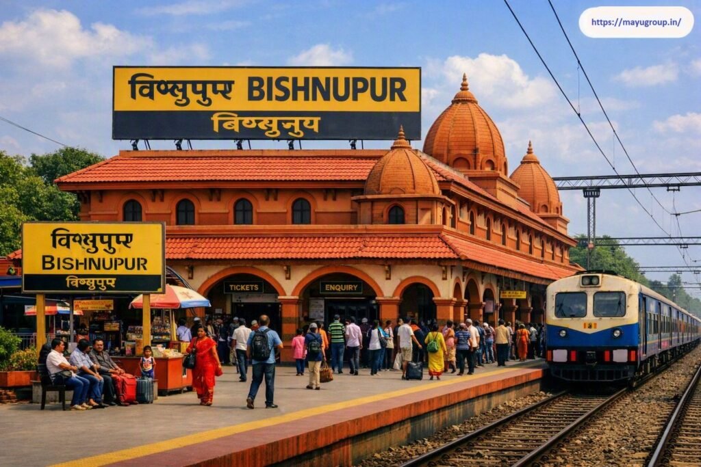 Platform view of Bishnupur Railway Station showing terracotta-style temple dome architecture, multilingual yellow station signage, commuters on the platform, and a passenger train alongside the tracks.
