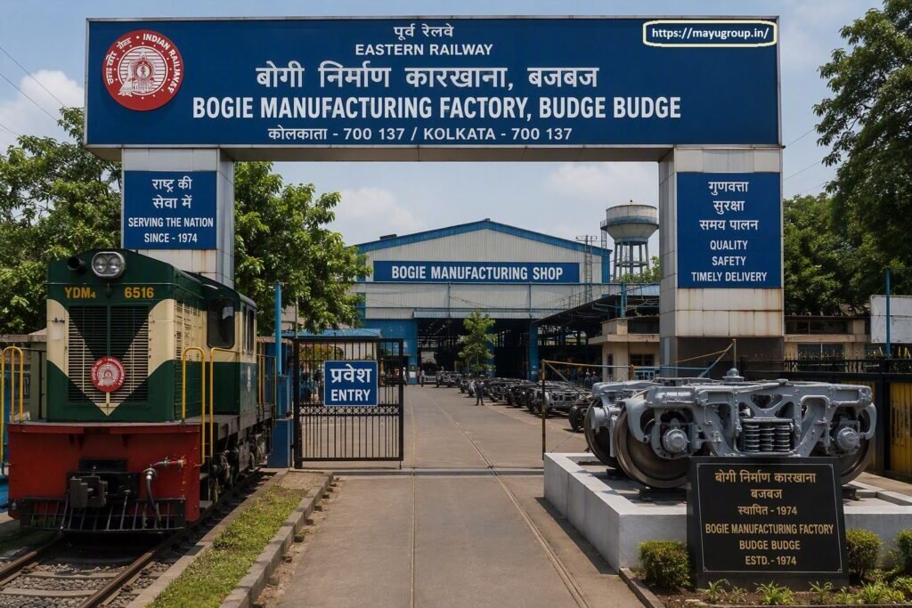 Main entrance archway of the Bogie Manufacturing Factory in Budge Budge, Eastern Railway, featuring bilingual signage, a vintage green YDM4 locomotive display on the left, and a mounted train bogie wheelset assembly display on the right.
