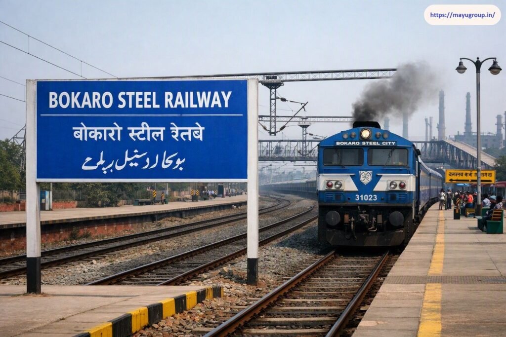 Platform view of Bokaro Steel City Railway Station showing a large blue station sign board in English, Hindi, and Urdu alongside a blue electric locomotive pulling into the station.