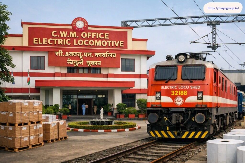 Exterior view of the C.W.M. Office Electric Locomotive building showing red signage, stacked wooden pallets in the foreground, and a red WAG-9 electric locomotive numbered 32188 parked on the railway tracks.