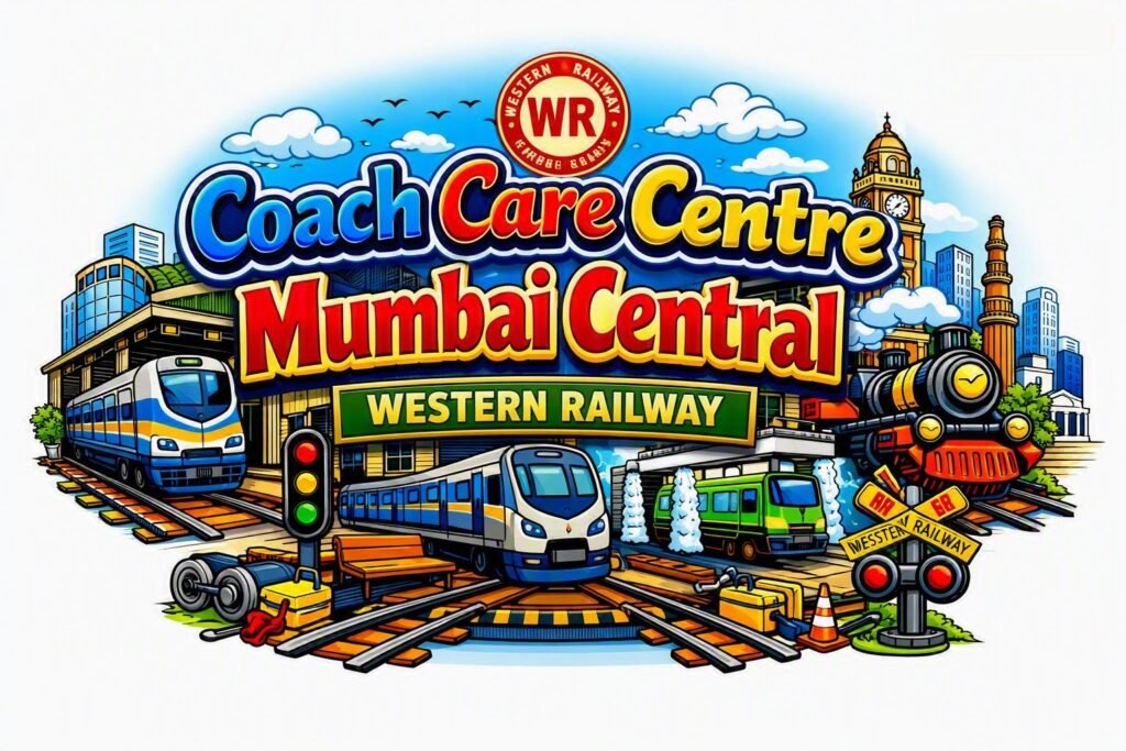 Coach Care Centre Mumbai Central, Western Railway Colorful cartoon graphic reading "Coach Care Centre Mumbai Central Western Railway" surrounded by passenger trains, a washing plant, clock tower, and train tracks.