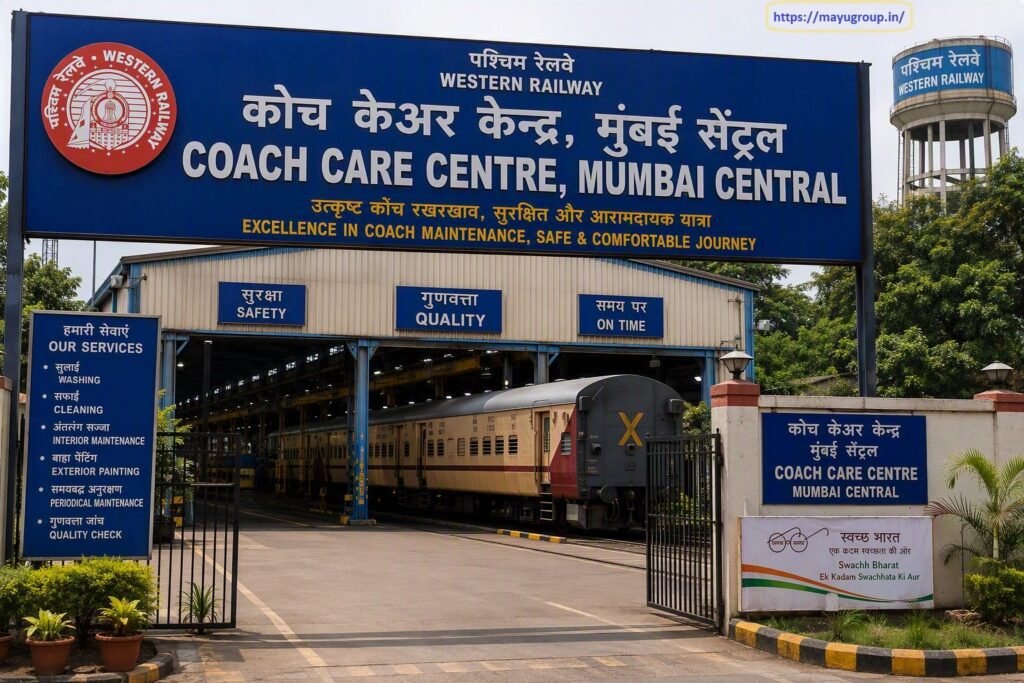 Entrance view of the Coach Care Centre at Mumbai Central under Western Railway, featuring prominent blue header signage, service details, key operational pillars, and passenger coaches inside the maintenance bay.