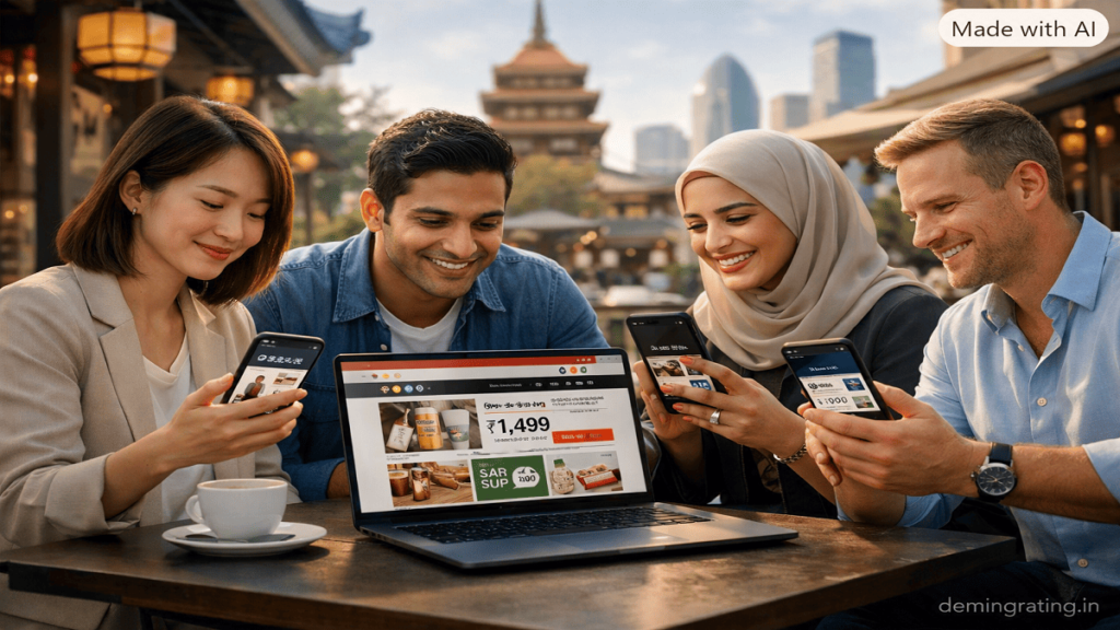Diverse international customers using localized digital platforms with region-specific languages and payment options.