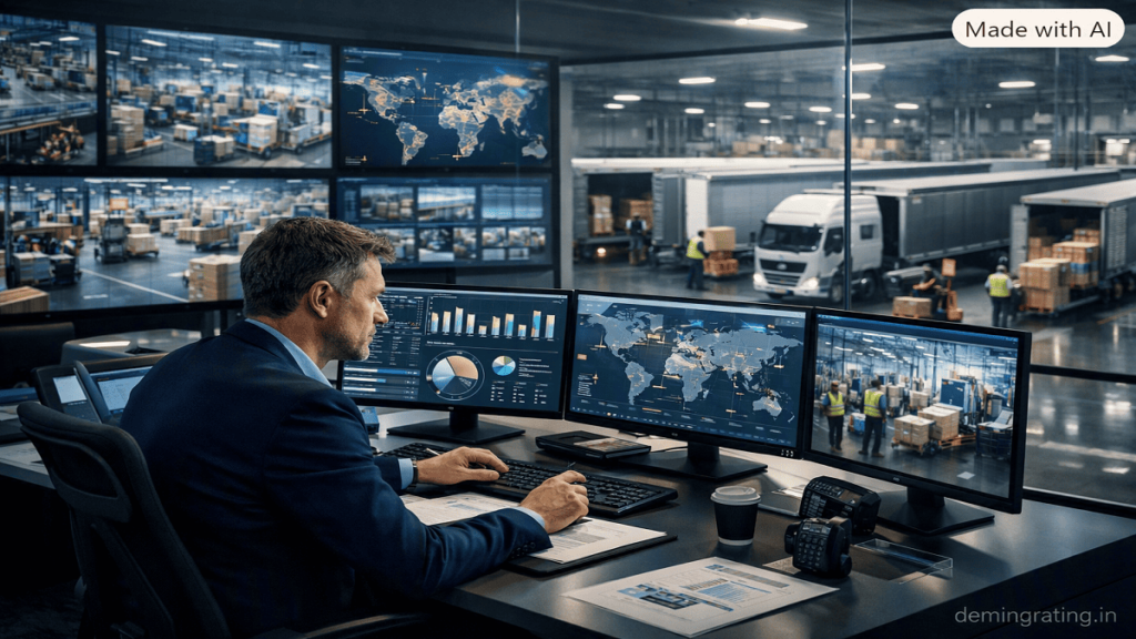 Supply Chain Optimization Logistics manager monitoring real-time inventory, transportation, and shipment data in a modern supply chain control center.