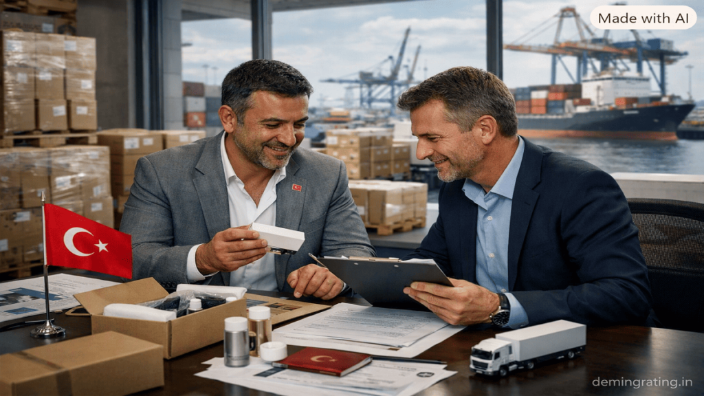 Export Partner Turkish importer and international exporter reviewing products and shipping documents at a modern distribution center.