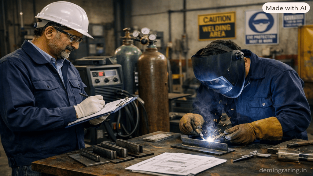 Welding inspector reviewing a welder's test weld during an ISO 9606 qualification assessment.