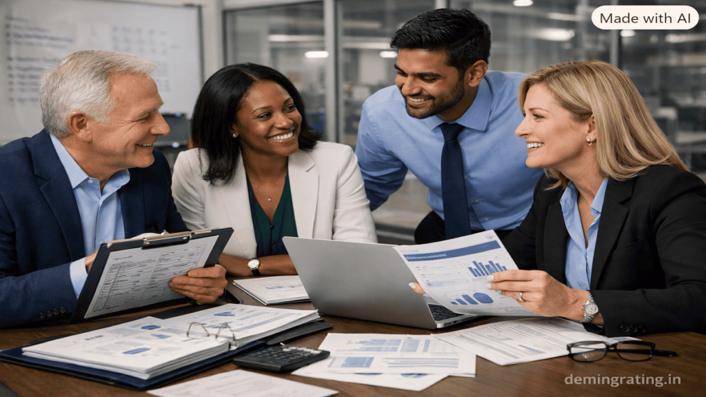 Quality Management Systems Quality management team implementing QMS processes and reviewing quality standards in a modern workplace