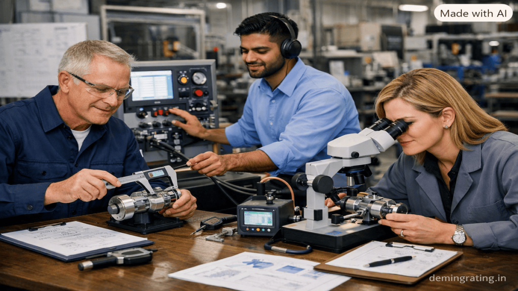 Product testing and validation team performing quality and performance checks on a product using professional testing equipment.