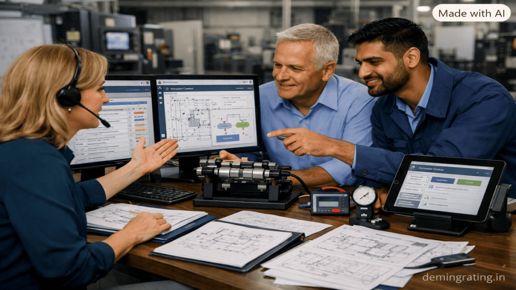 Technical Documentation Assistance Technical documentation specialists reviewing SOPs, work instructions, specifications, and quality documents using a digital document control system.