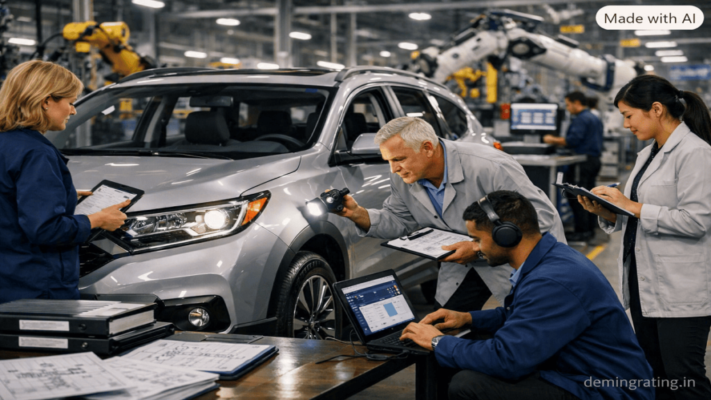 Engineers inspecting a newly assembled vehicle on an automotive production line for quality and certification compliance.