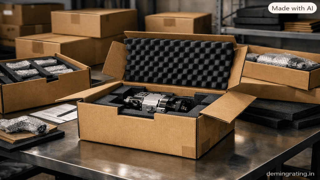 Custom industrial packaging with protective inserts securing products for transportation