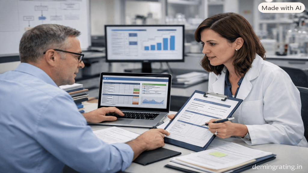 Quality Audits Quality professionals reviewing audit findings and compliance documents during a quality assessment