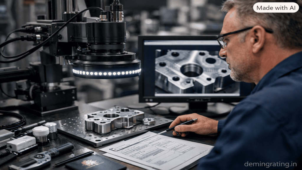 Engineer using machine vision technology for automated visual inspection of industrial components