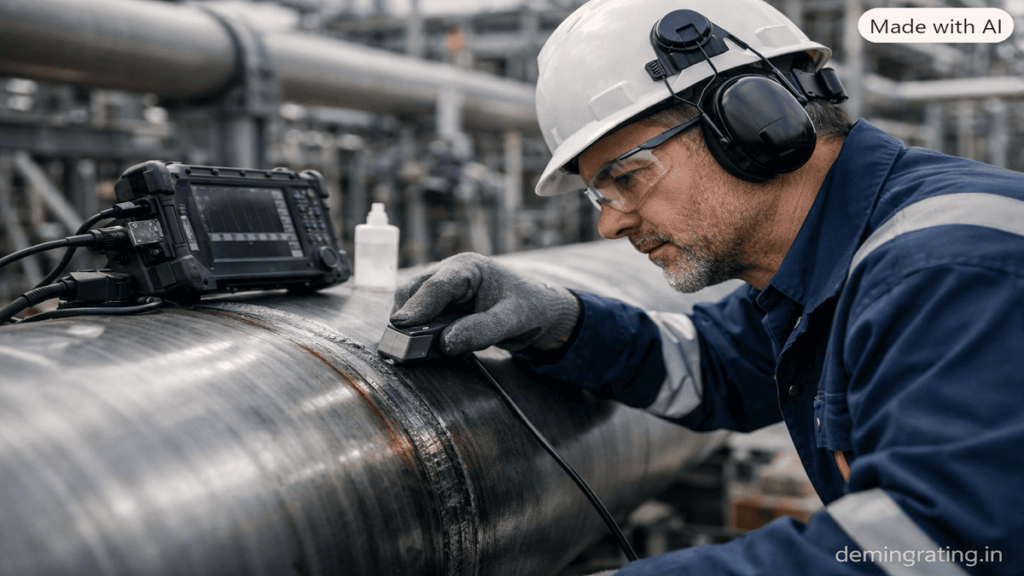 Non-Destructive Testing NDT technician inspecting a steel pipeline weld using professional inspection equipment Title: NDT Inspection of Industrial Pipeline