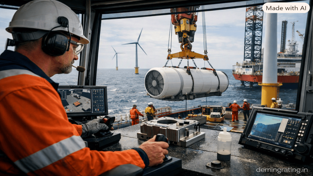 Offshore Crane Operator Training Offshore crane operator positioning a turbine component on a wind installation vessel