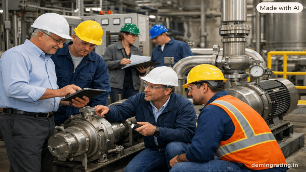 Consultation and Support Technical consultants examining industrial machinery and discussing operational improvements with an engineering and management team.