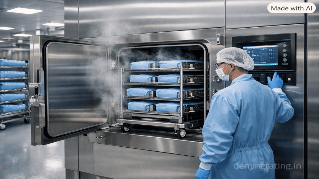 EN 285 Large steam sterilizer processing medical devices in a modern manufacturing facility.