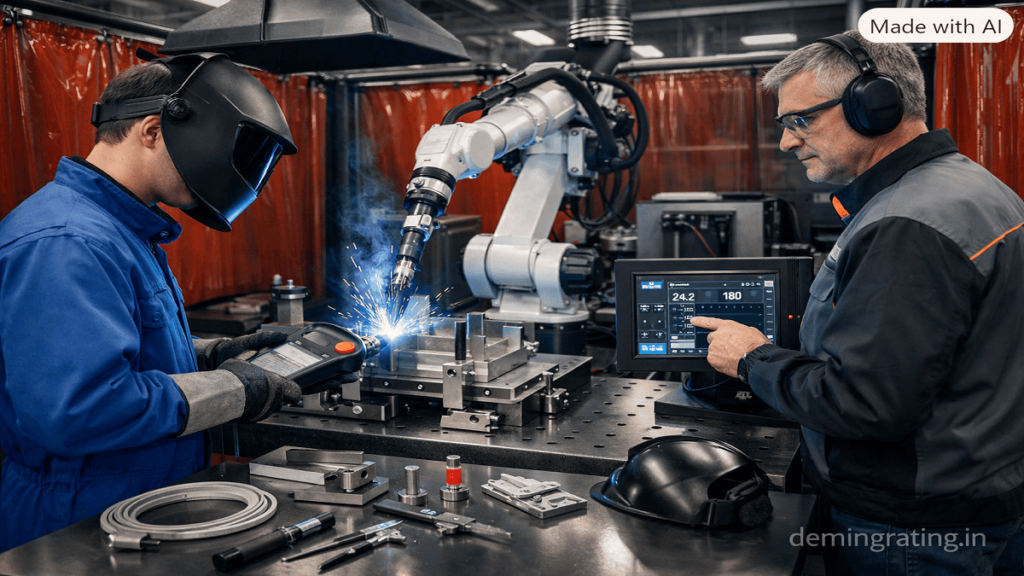 Trainee operating a robotic welding system during advanced welding technology training