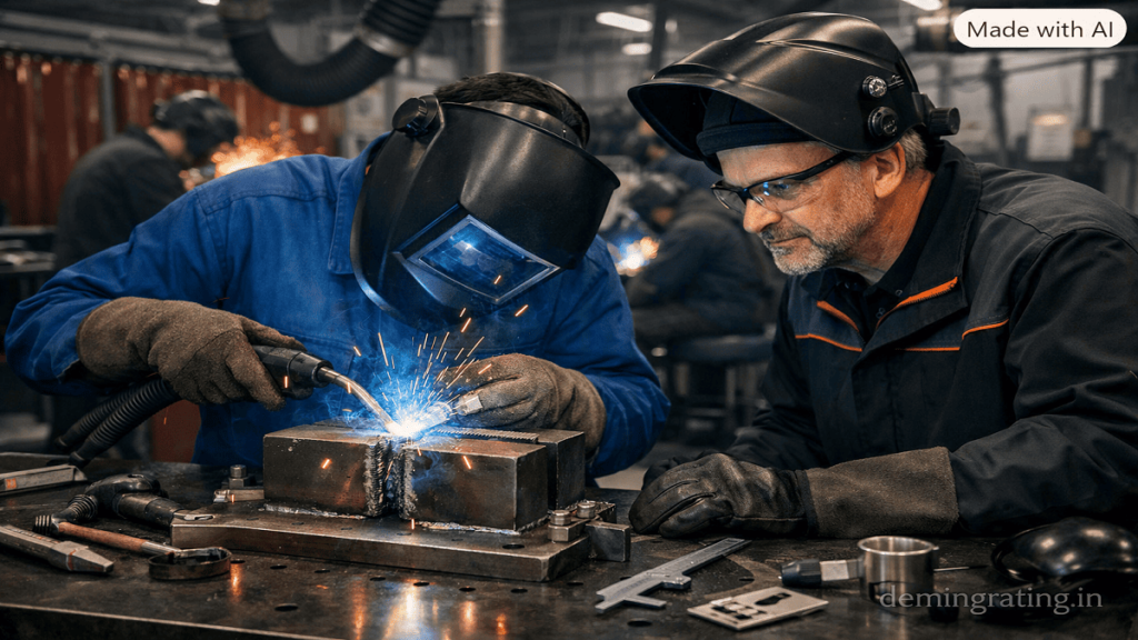 Advanced Welding Workshops Welding instructor supervising trainee during hands-on advanced welding training