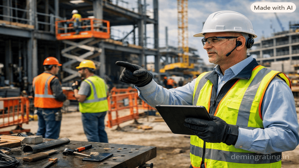 OHS-certified professional conducting a safety inspection at a construction site
