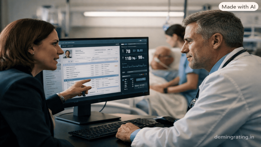 Health Informatics Consulting Doctor and health informatics specialist reviewing patient data on a digital healthcare system.