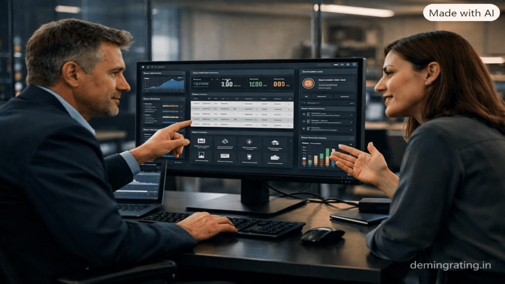 Custom Software Development Business professional using a customized software platform with integrated dashboards and automated workflows.