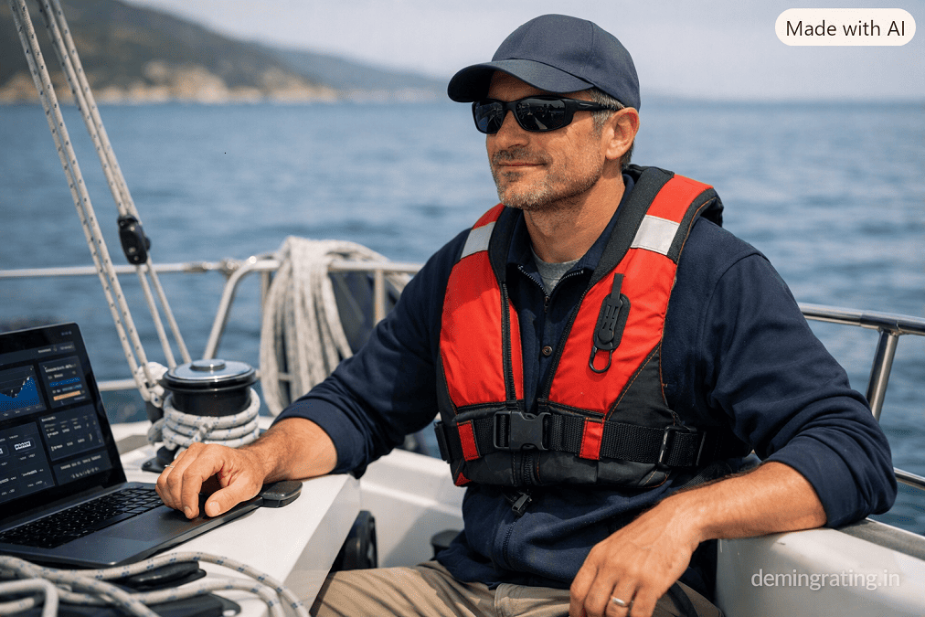 ISO 12402:2006 Boater wearing an ISO 12402 personal flotation device on a sailing boat