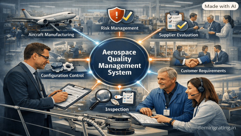 AS9100 Rev C certification audit showing aerospace quality management, supplier control, risk management, and compliance