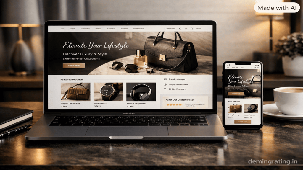 Premium e-commerce website displayed on laptop and smartphone with modern responsive design