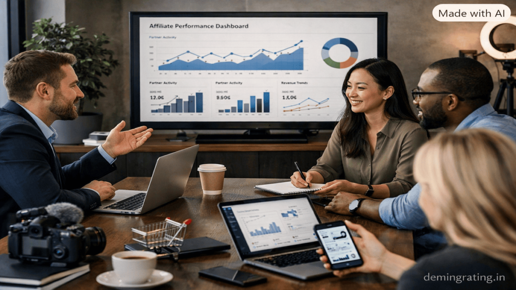 Marketing team collaborating on an affiliate program dashboard showing partnerships, referrals, conversions, and revenue growth.