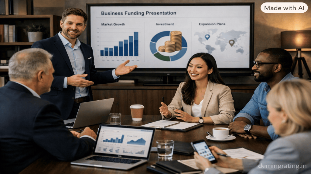 Exclusive Funding Access Startup founders meeting investors to discuss business funding, growth plans, and expansion opportunities.