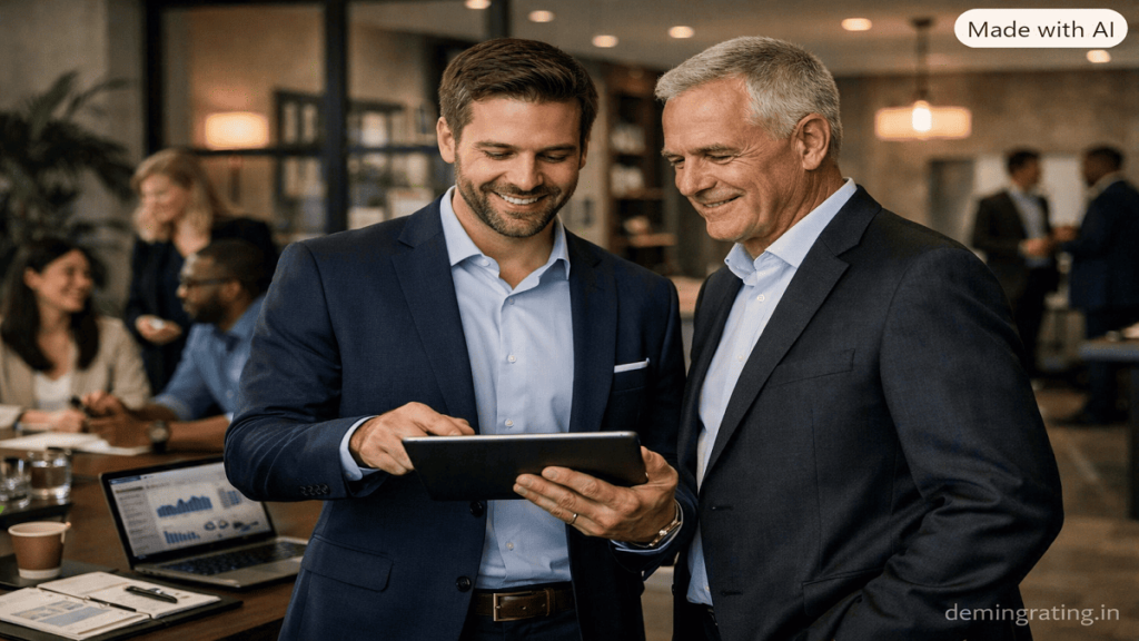 Entrepreneur and investor reviewing a business growth strategy for company expansion.