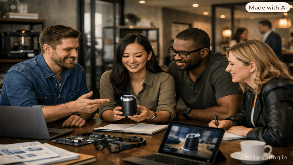 Featured Startups Startup team collaborating on an innovative product in a modern business workspace.